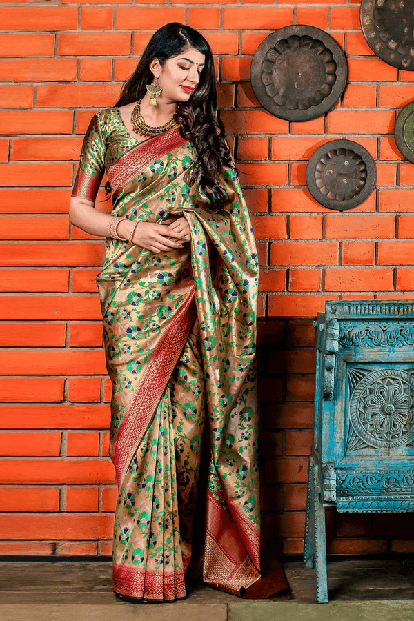 Chilli Green Pure Banarasi Silk Saree with Antique Real Zari Weaving | TST  | The Silk Trend