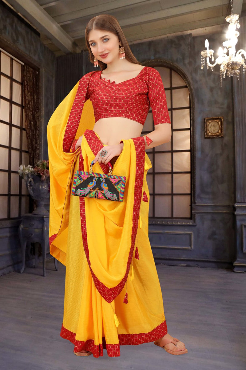 Lime Yellow Color Organza Base Designer Saree